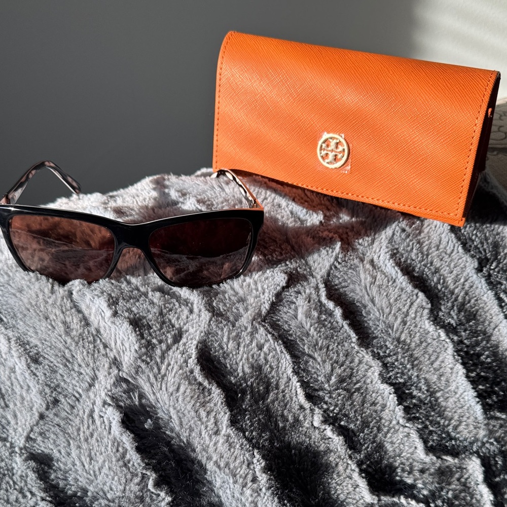 Tory Burch Black Sunglasses and Vibrant Orange Wallet